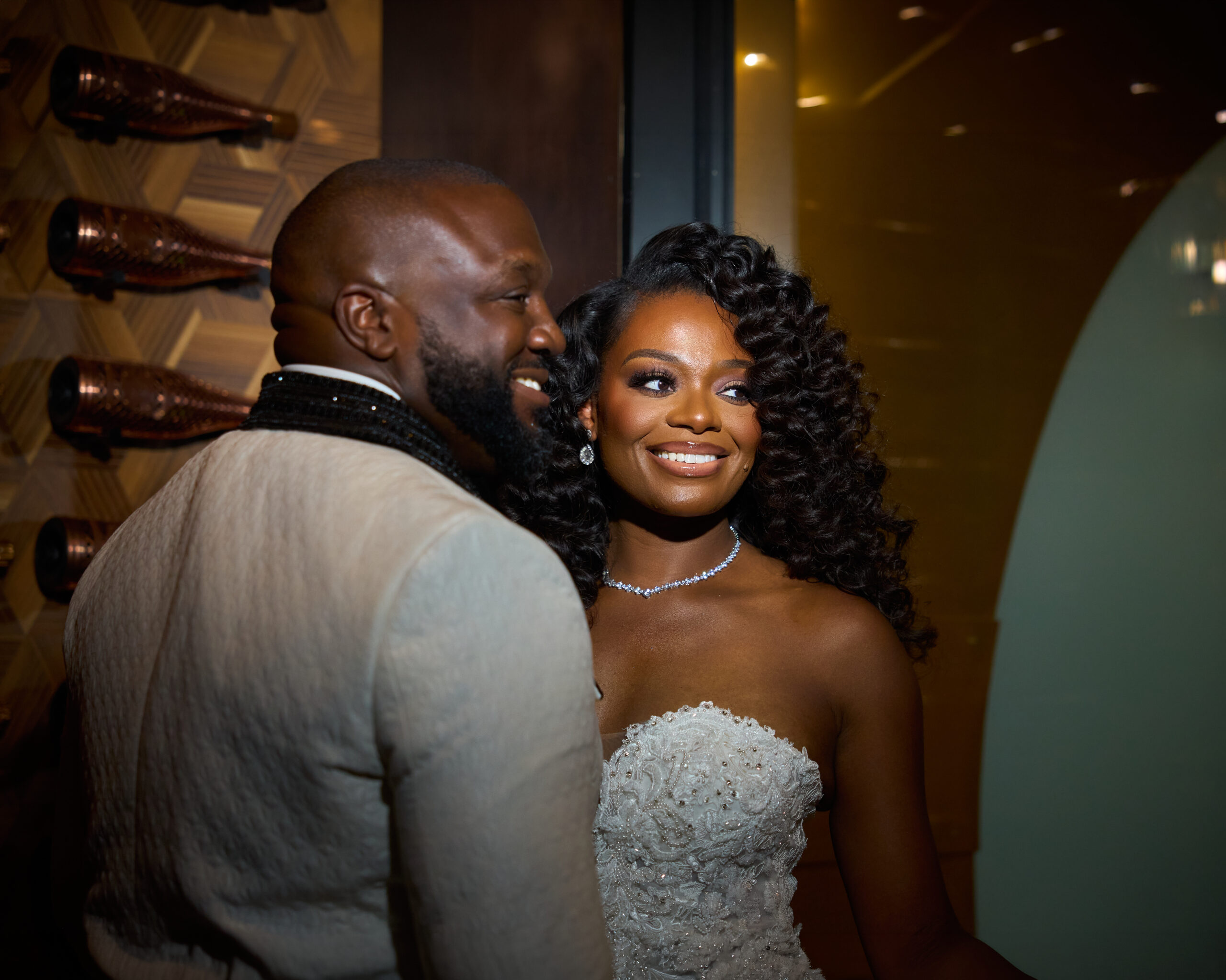 Bride and groom in warm evening light