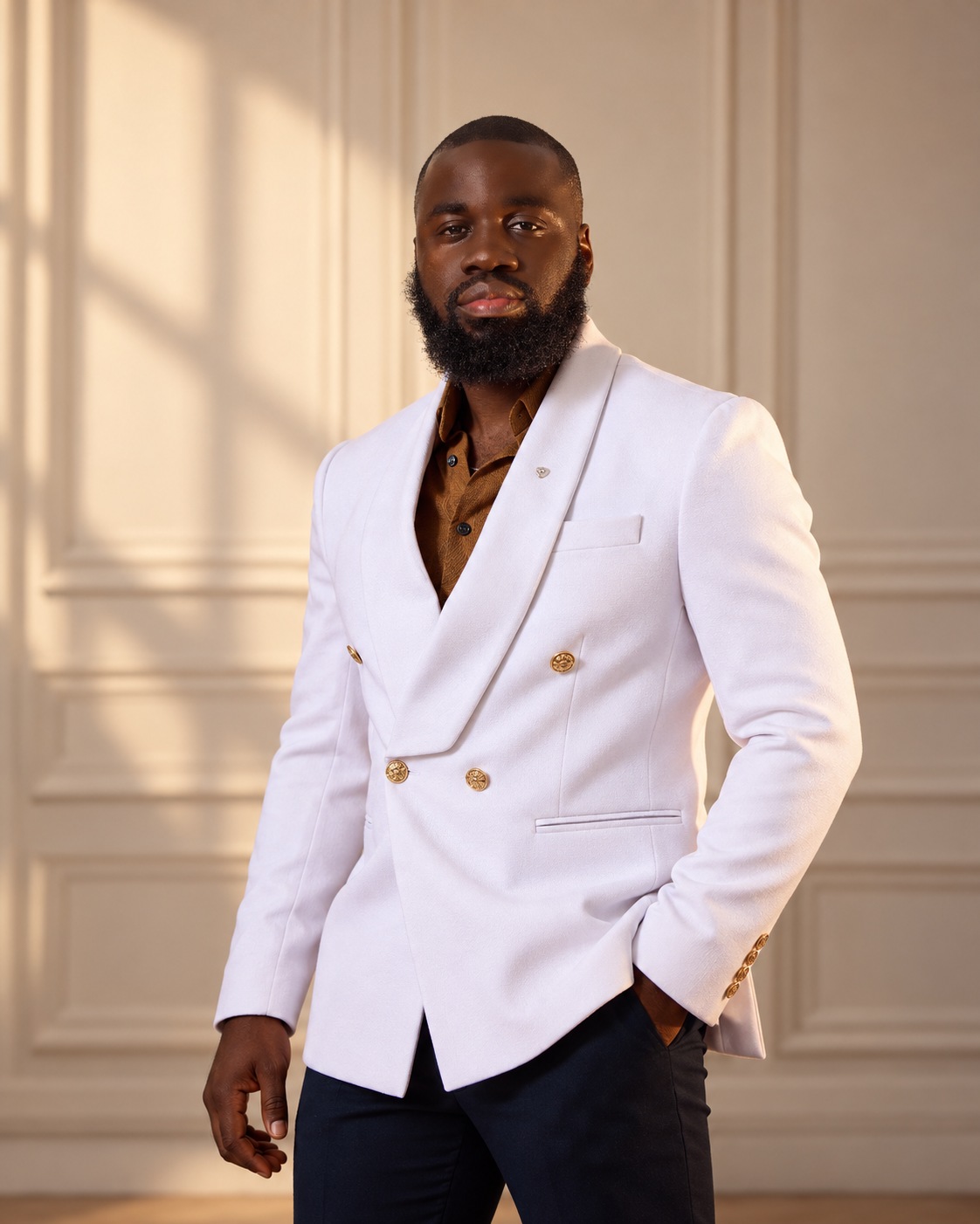 Shammah David in a white double-breasted jacket