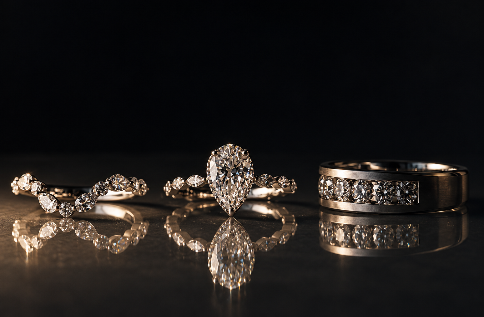 Three platinum wedding rings in moody light